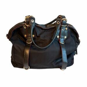 MZ Wallace Bella Black Nylon Satchel Leather Trim Adjustable Dual Handles
